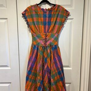 Vintage “The Cotton Collection”Colorblock Plaid Midi Dress - Multicolor
